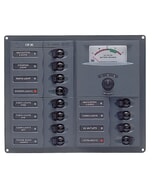 BEP CBrkr Pnl DC 12V 12X Single Pole 3 x 5A 4 x 10A 4 x 15A 1 x 25A W/ Analog VoltMeter & Ammeter