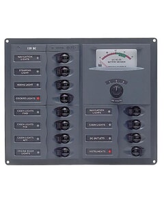 BEP CBrkr Pnl DC 12V 12X Single Pole 3 x 5A 4 x 10A 4 x 15A 1 x 25A W/ Analog VoltMeter & Ammeter