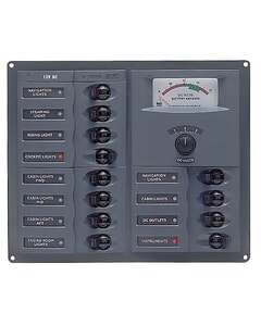 BEP CBrkr Pnl DC 24V 12X Single Pole 3 x 5A 4 x 10A 4 x 15A 1 x 25A W/ Analog VoltMeter & Ammeter
