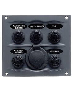 BEP Switch Panel DC Waterproof 5XON/Off 1XPower Receptacle 16A Charcoal