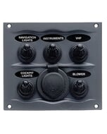 BEP Switch Panel DC Waterproof 5XON/Off 1XPower Receptacle 16A Charcoal (BULK)
