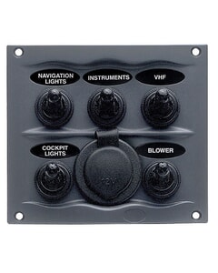 BEP Switch Panel DC Waterproof 5XON/Off 1XPower Receptacle 16A Charcoal (BULK)